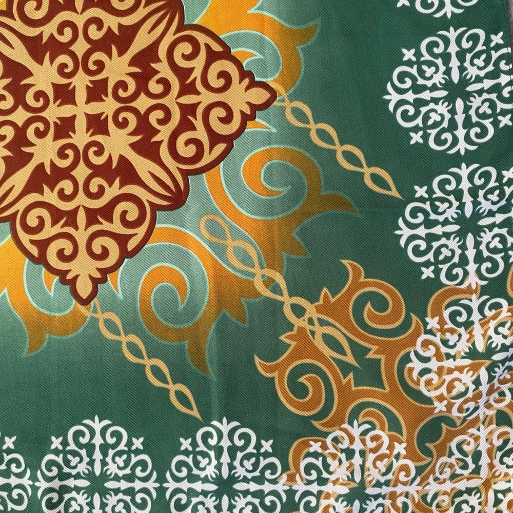 Fermes Paris Green Yellow Orange Damask Scrollwork Square Scarf Neckerchief